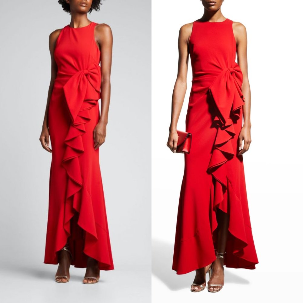 Badgley Mischka Collection Odessa Crepe Gown Asymmetric Ruffle-Skirt Sz 2 In Red